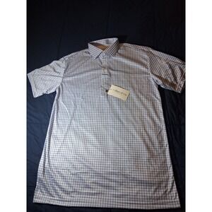 Collars and Co Polo Mens L White Blue check Dress Collar Short sleeve NWT